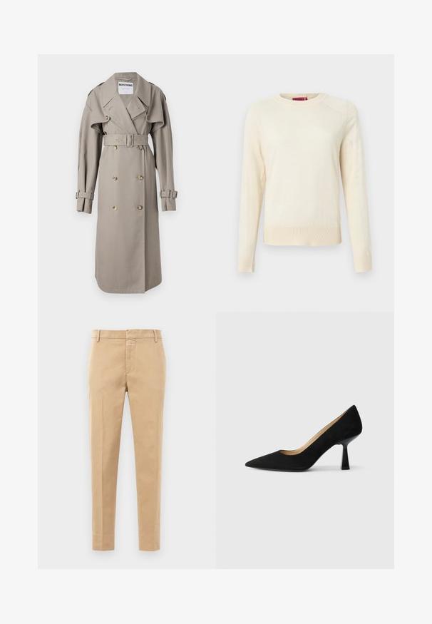 Gabardina beige hecha de tela ligera, con frente de doble botonadura, amplio collar, cintura ceñida con cinturón y puños con solapas. Botones en tono dorado.; Suéter color crema con mangas largas, textura acanalada en los puños y el dobladillo, y escote redondo. Tejido liso y diseño minimalista.; Pantalones de algodón beige con corte recto, que presentan una cremallera en la parte delantera y dos bolsillos laterales. Sin patrones ni acentos visibles.; Zapato de tacón alto de ante negro con punta afilada, que cuenta con un tacón de bloque negro brillante y un forro interior suave.