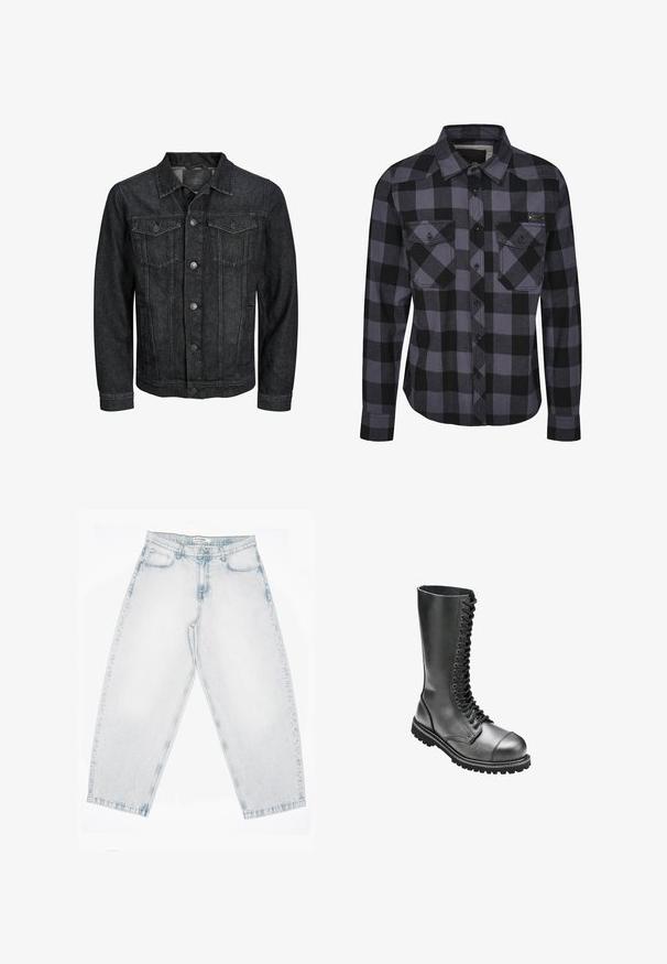 Schwarze Jeansjacke mit Knopfleiste, zwei Klappentaschen auf der Brust, Kragen und langen Ärmeln, dargestellt auf weißem Hintergrund.; Karierte Hemdbluse in Grau und Schwarz. Verfügt über zwei Brusttaschen, lange Ärmel und einen klassischen Kragen. Hergestellt aus weichem Stoff.; Hellblaue Jeans aus Denim mit hoher Taille, geraden, weiten Beinen, Knopf- und Reißverschluss sowie vorderen und hinteren Taschen.; Schwarze Leder-Schnürkampfstiefel mit hohem Schaft, runder Zehenpartie, gepolstertem Kragen und strukturiertem Gummisohle für besseren Halt.