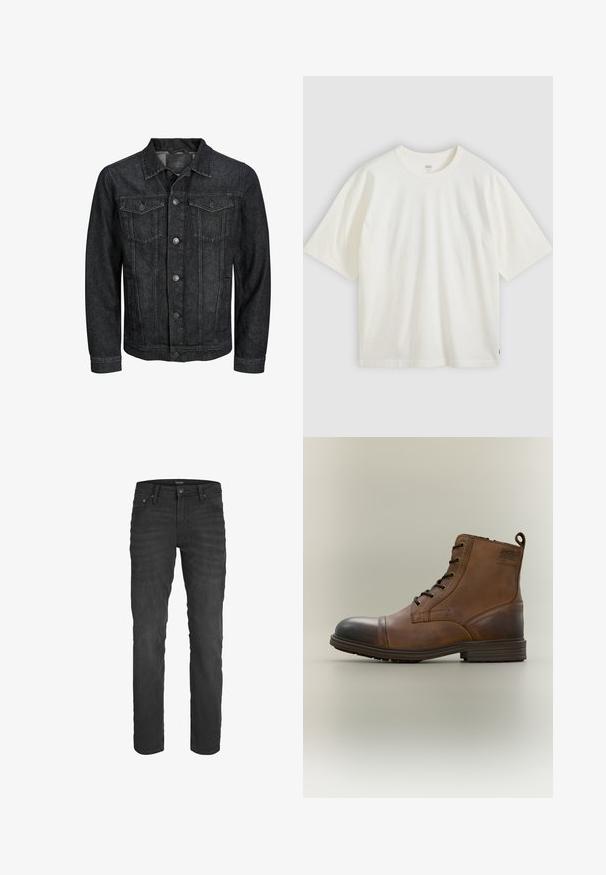 Sort denimjakke med knapper foran, to brystlommer med klap, krave og lange ærmer, vist på en hvid baggrund.; Hvid T-shirt med korte ærmer i bomuld. Rund hals, afslappet pasform, diskret branding på brystet og en rød etiket i kanten.; Sorte denim jeans med slim fit, fem-lomme design, klassisk knap- og lynlåslukning samt subtilt falmet tekstur over hele.; Brun læderstøvle med snørebånd, sort tåhætte, rund sål og mærket detalje på siden mod ensfarvet baggrund.