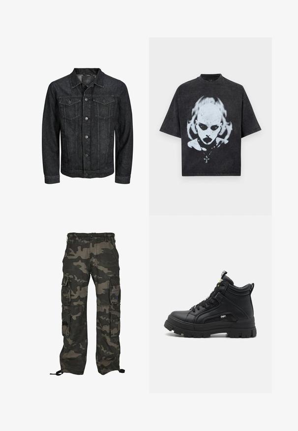 Schwarze Jeansjacke mit Knopfleiste, zwei Klappentaschen auf der Brust, Kragen und langen Ärmeln, dargestellt auf weißem Hintergrund.; Schwarzes Oversized-T-Shirt mit einem weißen Motiv eines glatzköpfigen Menschen mit dunklen Augen, Lippenstift, Piercings und einer Halskette mit Kreuzanhänger.; Tarnfarbene Cargo-Hosen in Dunkelgrün und Grau, ausgestattet mit mehreren Seitentaschen, einem Knopfverschluss und verstellbaren Knöchel-Zugbändern.; Schwarze hoch geschnittene Schuhe aus strukturiertem Leder, mit einer dicken Gummisohle, Schnürung vorne und einem kleinen Logodetail an der Seite.