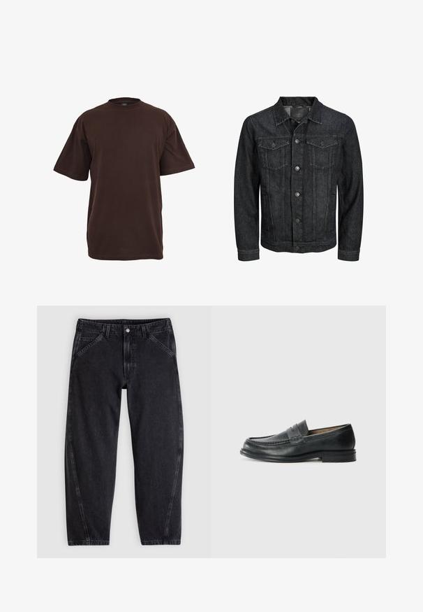 Sort denimjakke med knapper foran, to brystlommer med klap, krave og lange ærmer, vist på en hvid baggrund.; Brun bomulds T-shirt med korte ærmer, rund halsudskæring og en afslappet pasform. Glat tekstur uden synlige mønstre eller accenter.; Sorte denimjeans med løs pasform, der har en standard-taljebånd, femlomme-design og kontrastsyning langs sømmene.; Sorte læder loafers med et klassisk design, der har en syet detalje ved tåen og en lav, tekstureret gummisål.
