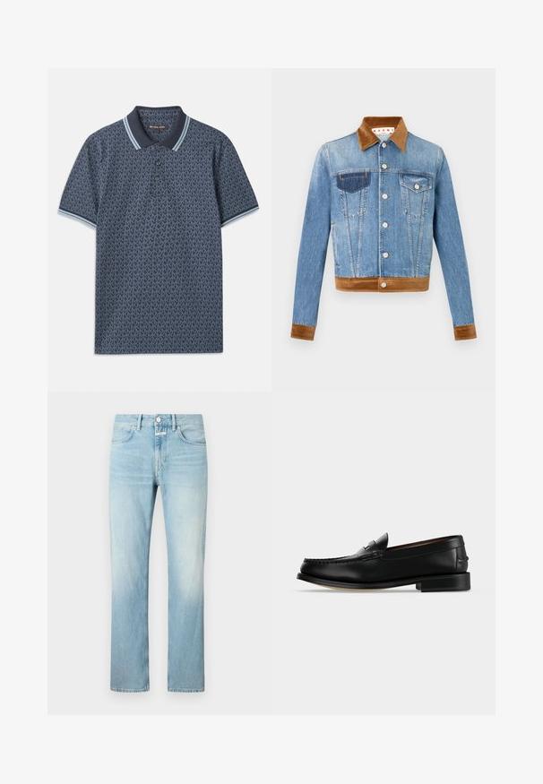 Die Jeansjacke hat eine hellblaue Farbe, einen kragen und Saum aus braunem Wildleder, silberne Knöpfe und zwei Brusttaschen mit einem markanten Design.; Marineblaue Polohemd mit geometrischem Muster. Verfügt über einen gerippten Kragen mit hellblauen Akzenten und einer Knopfleiste mit drei Knöpfen. Hergestellt aus weichem Stoff.; Hellblaue Denim-Jeans mit geradem Bein, ausgestattet mit einem klassischen Fünf-Taschen-Design und einem Knopfverschluss.; Schwarzer Leder-Herrenschuh (Loafer) mit niedrigem Absatz und Mokassin-artiger Naht am Zehenbereich, seitlich auf einfarbigem Hintergrund dargestellt.