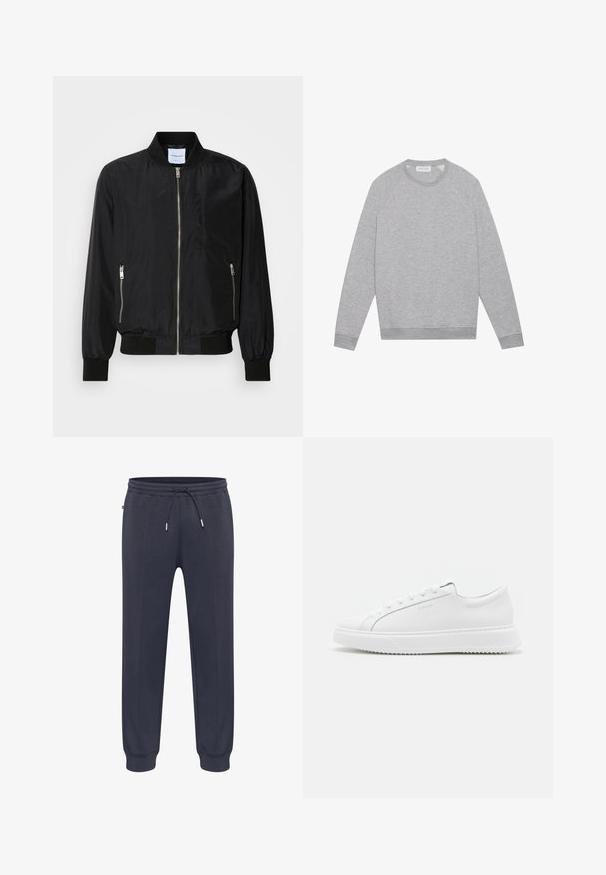 Mustmust värvi bomber-jakk, millel on lukk ees, soonikkoelus ja -randmed, lukuga küljetaskud ning sile ja läikiv tekstuur.; Heledhall hallhii white crewneck sweatshirt, millel ribbed cuffs ja hem, paigaldatud tasasele taustale.; Tumedas sinised dressipüksid elastse vöökohaga, reguleeritava nööriga, küljetaskutega ja kitsenevate mansettidega. Valmistatud pehmest, kergest materjalist.; Valged tennisetooted siledast sünteetilisest materjalist. Omavad madala lõike disaini, kõrgendatud valget talda, ümarat varvasta ja soonestatud esiosa viie silmaga.
