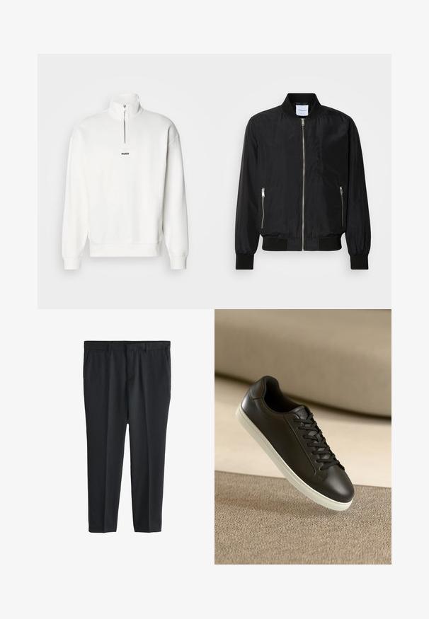 Schwarze Bomberjacke mit Reißverschluss vorne, geripptem Kragen und Bündchen, seitlichen Reißverschlusstaschen und einer eleganten, glatten Textur.; Weißer Pullover-Sweatshirt mit hohem Kragen und halbem Reißverschluss, versehen mit einem kleinen schwarzen "HUGO"-Logo, das zentral auf der Brust platziert ist. Weiches Stoffgefühl.; Schwarze maßgeschneiderte formelle Hose mit Gürtelschlaufen, Fronttaschen und geradem Bein.; Schwarzer Ledersneaker mit weißer Gummisohle und schwarzen Schnürsenkeln, platziert auf einer beigen Stoffoberfläche und im Hintergrund.
