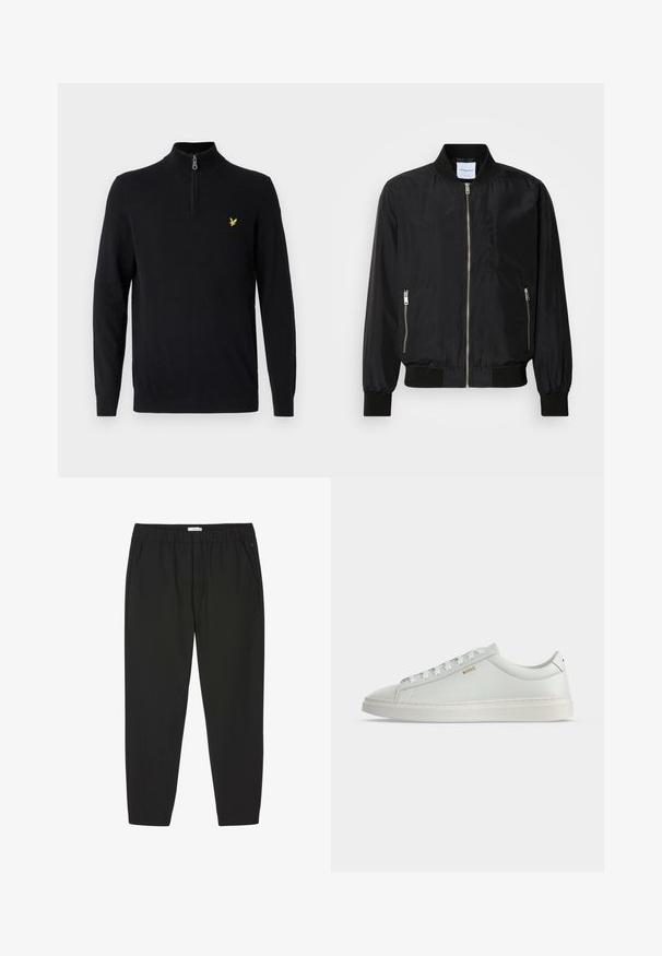 Veste bomber noire avec fermeture éclair à l'avant, col et poignets côtelés, poches latérales zippées et texture lisse et élégante.; Pull noir à col zippé en tissu lisse, doté de manches longues et d'un petit logo jaune sur la poitrine gauche.; Pantalon noir avec taille élastique, jambes droites et poches latérales, conçu pour un usage décontracté ou professionnel.; Baskets basses blanches en cuir avec lacets, semelle plate et petit logo doré "BOSS" sur le côté, vues de l'extérieur.