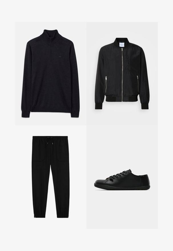 Chaqueta bomber negra con cierre frontal, cuello y puños acanalados, bolsillos laterales con cremallera y una textura suave y elegante.; Suéter negro de manga larga con cuello alto acanalado y media cremallera, con un logo sutil en el lado izquierdo del pecho.; Pantalones jogger negros con cintura elástica, cordón ajustable, bolsillos frontales de parche y puños elásticos sobre un fondo blanco.; Zapato de cuero negro con acabado liso, punta redondeada, sistema de cordones frontal y suela de goma flexible. Diseño minimalista, sin marcas visibles.