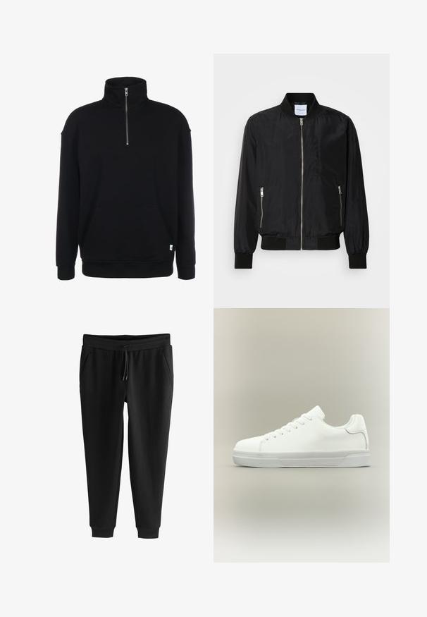 Schwarze Bomberjacke mit Reißverschluss vorne, geripptem Kragen und Bündchen, seitlichen Reißverschlusstaschen und einer eleganten, glatten Textur.; Schwarzer Sweatshirt mit Zip-Kragen, langen Ärmeln, weicher Textur, einer Fronttasche und einem kleinen grünen Logo am Saum.; Schwarze, zulaufende Jogginghosen mit elastischem Bund, Kordelzug, Seitentaschen und Bündchen an den Knöcheln, flach auf weißem Hintergrund ausgelegt.; Weißer Sneaker in niedriger Schnittform mit Schnürung vorne, gepolstertem Kragen und strukturiertem Gummisohle, seitlich auf neutralem Hintergrund dargestellt.