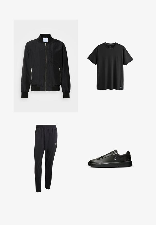 Chaqueta bomber negra con cierre frontal, cuello y puños acanalados, bolsillos laterales con cremallera y una textura suave y elegante.; Camiseta deportiva negra de manga corta con cuello redondo, con logos sutiles en las mangas y el dobladillo inferior, talla mediana.; Pantalones deportivos negros hechos de material ligero, con una cintura elástica y un pequeño logo en relieve en la parte superior del muslo izquierdo.; On THE ROGER ADVANTAGE - Zapatillas de tenis para todas las superficies - black black