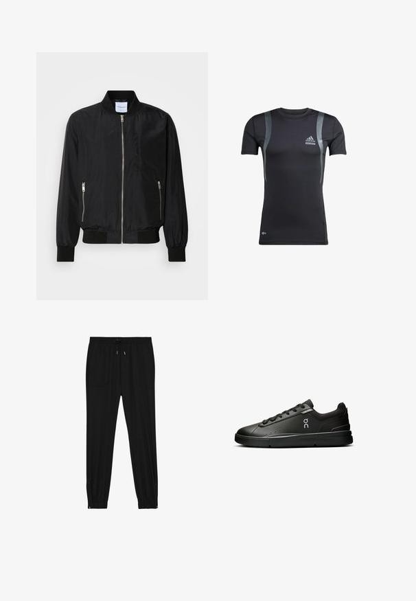 Chaqueta bomber negra con cierre frontal, cuello y puños acanalados, bolsillos laterales con cremallera y una textura suave y elegante.; Camiseta deportiva negra de manga corta con detalles en gris, hecha de una tela elástica. Presenta un logo de Adidas en el lado izquierdo del pecho y la marca Techfit.; Pantalones de chándal negros hechos de un tejido suave. Cuentan con una cintura elástica con cordón, dos bolsillos frontales y tobillos con cremallera para facilitar su uso.; On THE ROGER ADVANTAGE - Zapatillas de tenis para todas las superficies - black black
