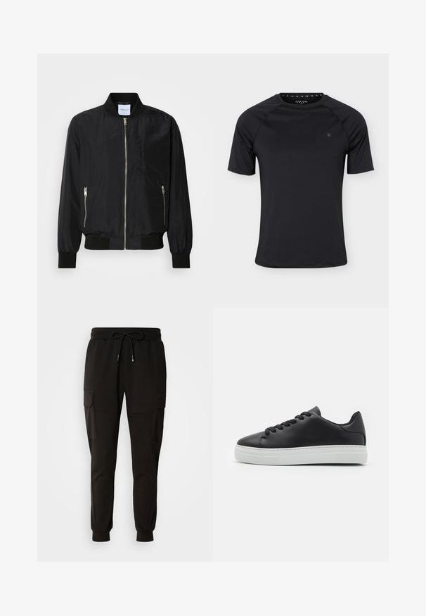 Chaqueta bomber negra con cierre frontal, cuello y puños acanalados, bolsillos laterales con cremallera y una textura suave y elegante.; Camiseta deportiva negra de manga corta con cuello redondo y pequeño logo en el pecho izquierdo, mostrada sobre un fondo liso y claro.; Pantalones de chándal negros con cintura elástica y cordón. Presenta bolsillos tipo cargo a los lados y puños elásticos en los tobillos.; Zapatilla de cuero negro con punta redonda, suela de goma blanca y cordones negros. Presenta un acabado liso y un diseño minimalista.