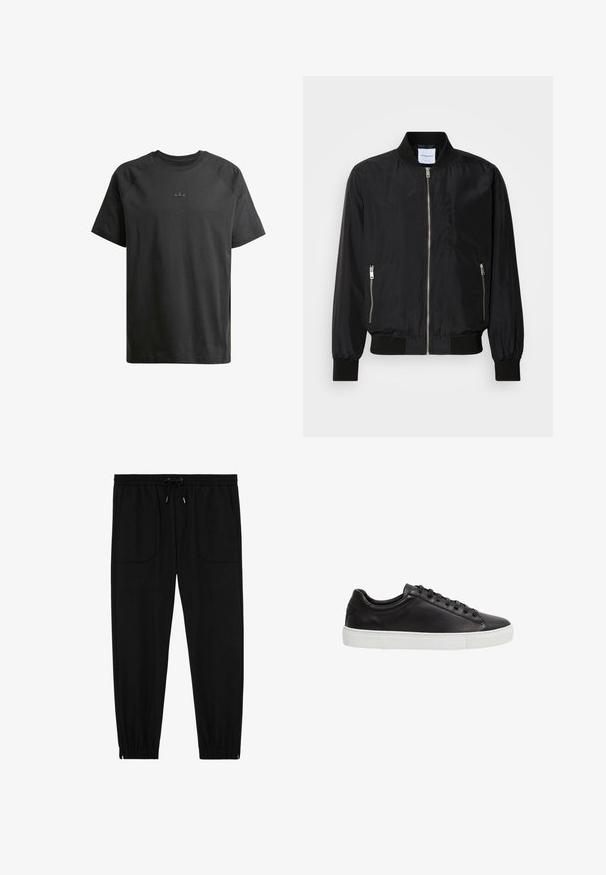 Chaqueta bomber negra con cierre frontal, cuello y puños acanalados, bolsillos laterales con cremallera y una textura suave y elegante.; Camiseta de algodón negra con mangas raglán cortas, que presenta un sutil logo en relieve en el pecho y una textura suave en todo su diseño.; Pantalones jogger negros con cintura elástica, cordón ajustable, bolsillos frontales de parche y puños elásticos sobre un fondo blanco.; Zapatilla negra de piel de corte bajo con cordones negros y suela de goma blanca, vista de lado sobre fondo blanco.