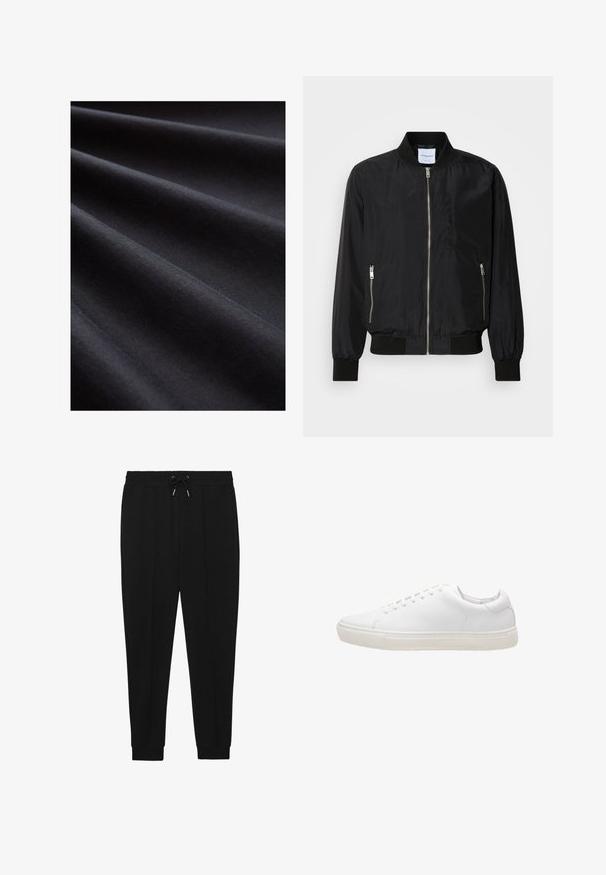Chaqueta bomber negra con cierre frontal, cuello y puños acanalados, bolsillos laterales con cremallera y una textura suave y elegante.; Tela negra con una textura suave, que presenta capas dobladas que crean suaves ondas, enfatizando su superficie mate y suave.; Pantalones deportivos negros con cintura ajustable, piernas ajustadas y puños acanalados. Hechos de una tela suave con una textura lisa.; Zapatilla de cuero blanco con textura suave, puntera redonda, cierre de cordones y suela de goma plana. Diseño minimalista sin patrones visibles.