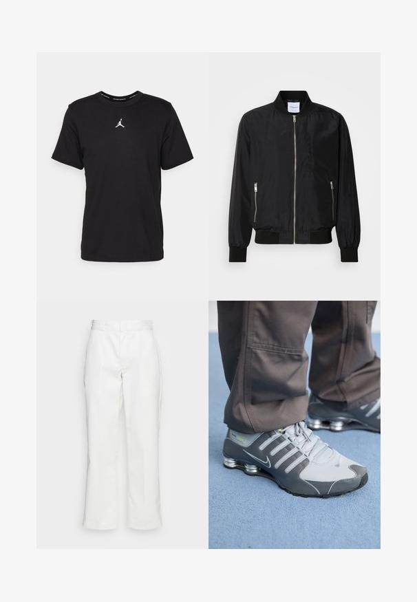 Sort bomberjakke med lynlås foran, ribbet krave og manchetter, lynlåslommer på siderne og en glat, strømlinet overflade.; Sort bomulds t-shirt med korte ærmer, rund hals, med et hvidt Jumpman-logo på brystet og en glat, let tekstur.; Hvide bomuldsbukser med lige ben-design, bæltestropper og sidelommer, med en glat overflade og minimal detajlering.; Grå og sølv Nike Shox sneakers har et slankt design med mesh og syntetiske materialer, en rund tå og en polstret krave.