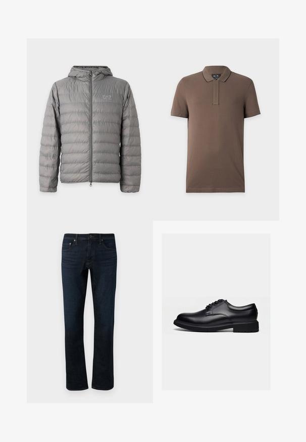 Šedá vatovaná bunda s kapucňou s horizontálnym prešívaním a predným zipsom, s logom EA7 Emporio Armani na ľavej strane hrude.; Hnedé polokošeľa s krátkym rukávom, golierom a skrytou gombíkovou légou, zobrazená na jednoduchom svetlosivom pozadí.; Tmavomodré džínsy s rovnými nohavicami, s klasickým dizajnom piatich vreciek a jemnými detailmi šitia.; Čierna leštená kožená spoločenská obuv so šnurovaním a hrubou gumovou podrážkou, zobrazená z boku na jednoduchom svetlom pozadí.