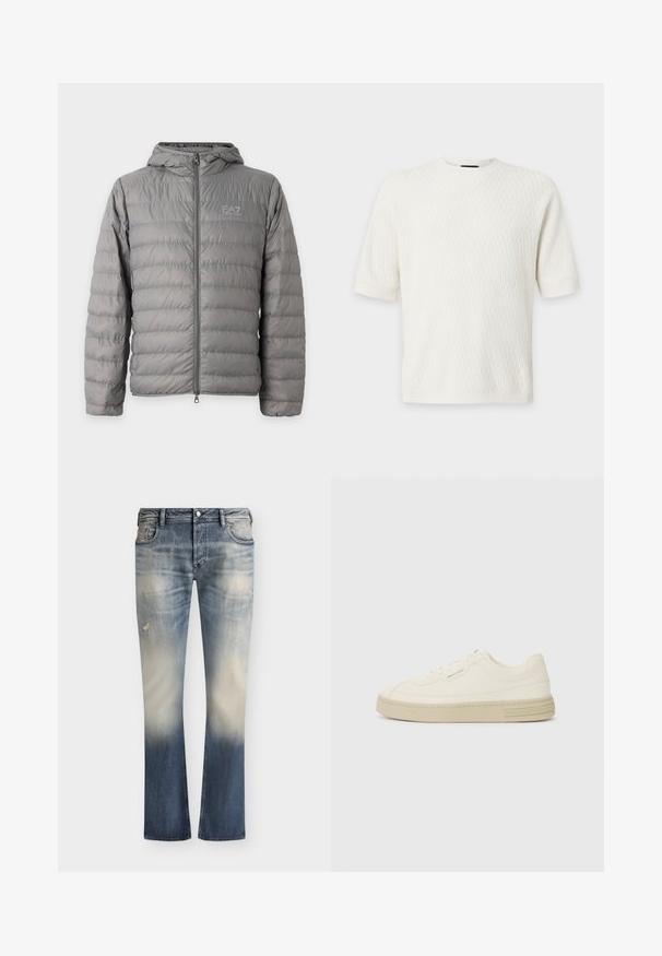 Doudoune grise à capuche avec matelassage horizontal et fermeture éclair à l’avant, avec le logo EA7 Emporio Armani sur la poitrine gauche.; Pull en maille blanc à manches courtes avec une texture chevron subtile et un col rond sur un fond uni.; Jean en denim bleu délavé avec des détails usés, poches avant, fermeture à boutons et coupe droite.; Baskets en toile blanches avec une semelle en caoutchouc texturée, présentant un capuchon de chaussure cousu et un accent de logo sur le talon. Design simple à lacets.