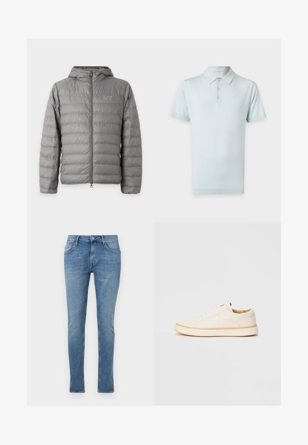 Doudoune grise à capuche avec matelassage horizontal et fermeture éclair à l’avant, avec le logo EA7 Emporio Armani sur la poitrine gauche.; Polo bleu clair à manches courtes avec trois boutons et un col, présenté sur un fond blanc.; Jean en denim bleu coupe slim avec bouton à l'avant, fermeture éclair et design à cinq poches sur fond blanc uni.; Baskets en cuir blanc avec un bout rond, design simple à lacets, semelle intérieure rembourrée et semelle en caoutchouc beige contrastante. Texture lisse sur l'ensemble.