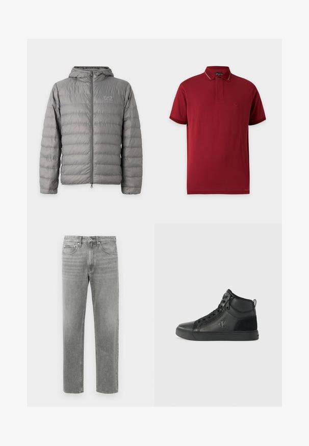 Doudoune grise à capuche avec matelassage horizontal et fermeture éclair à l’avant, avec le logo EA7 Emporio Armani sur la poitrine gauche.; Polo manches courtes bordeaux avec col et bords des manches côtelés, avec un logo discret sur la poitrine gauche.; Jean en denim gris à coupe droite, avec un design classique à cinq poches et un léger dégradé pour la texture. Fermeture éclair standard.; Baskets montantes noires en cuir texturé et en daim, avec une fermeture éclair, un laçage et une semelle en caoutchouc. Logo sur le côté.