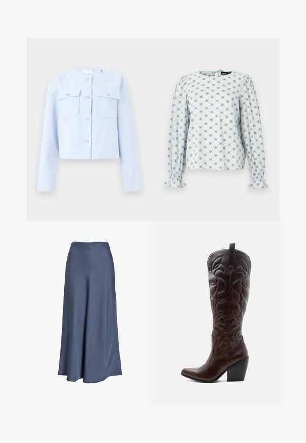 Chaqueta corta azul clara hecha de una tela suave, con dos bolsillos en el pecho y cierres de botón plateados. Cuello redondeado y mangas largas.; Blusa azul claro con mangas largas abullonadas, que presenta un patrón de diamantes florales en navy. Puños elásticos y cierre en la parte posterior con forma de ojo de cerradura.; Falda A-line de satén en azul oscuro. Textura suave, de largo hasta el suelo, con cintura ajustada y dobladillo acampanado. Sin patrones visibles ni elementos de hardware.; Bota vaquera alta de cuero marrón oscuro con patrones decorativos cosidos, punta puntiaguda y tacón de bloque apilado.
