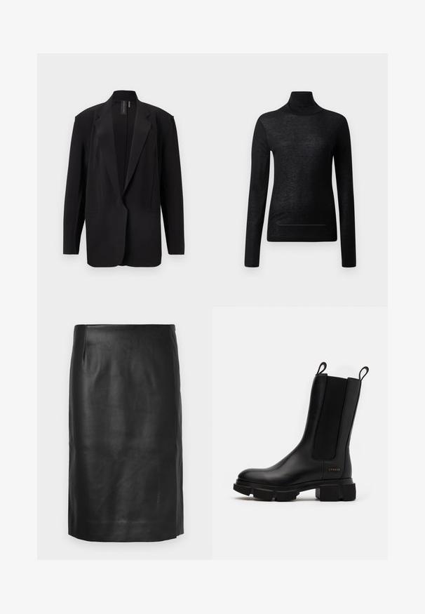 Sort oversized blazer med hakrevers, lange ærmer og åben front, vist på en hvid baggrund.; Sort langærmet turtle neck top lavet af letvægtsstof, med en tætsiddende design og minimale sømdetaljer, velegnet til lagdeling.; Sort læder blyantskirt med en glat tekstur, designet med høj talje og sideslids, der har rene linjer og minimal detaljer.; Sort læder ankelstøvle med elastiske sidepaneler, chunky gummisål og trækstropper. Inkluderer diskret branding præget på siden.