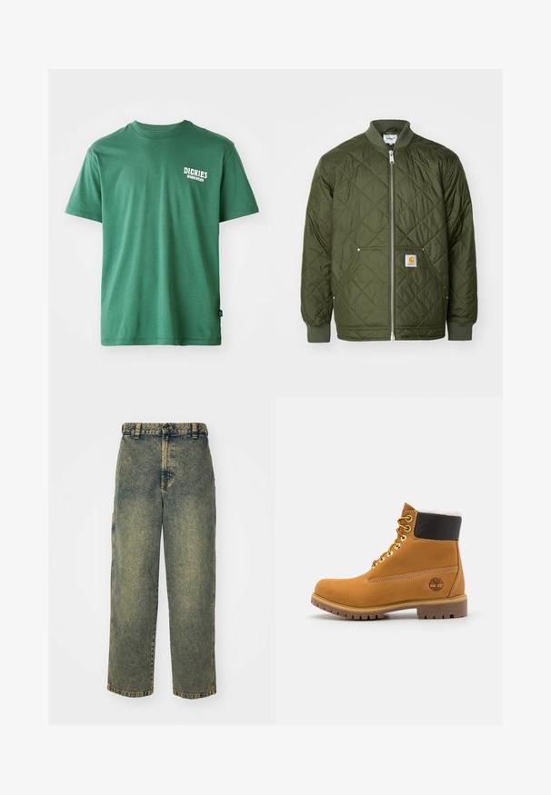Chaqueta acolchada verde con cierre frontal, puños acanalados y un bolsillo en el pecho que presenta un logo. El material es suave y ligero.; Camiseta de algodón verde con cuello redondo, mangas cortas y un logo blanco en el lado izquierdo del pecho. Textura suave y corte relajado.; Jeans de denim holgados en un lavado azul y verde descolorido. Presenta un cierre de botón, pasadores para el cinturón y bolsillos laterales. Diseño de frente plano y pierna recta.; Botín de cuero marrón con ojales de metal, forro de piel sintética blanca, cuello acolchado negro, suela resistente y logotipo en relieve en el costado.