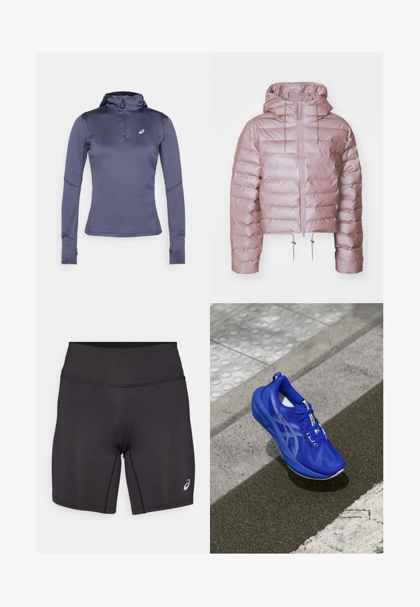 Chaqueta acolchada rosa con capucha, diseño recortado, acolchado vertical, cierre frontal con cremallera y cordones ajustables en el dobladillo y la capucha.; Camiseta deportiva de manga larga en azul oscuro, con cuello tipo zip, capucha y agujeros para los pulgares. Tejido texturizado con un patrón geométrico. Logo en el pecho.; Pantalones cortos deportivos negros con una textura suave, diseño ajustado y una cinturilla alta. Presentan costuras en contraste y un pequeño logo en la parte inferior de la pierna.; Zapatilla deportiva azul con parte superior de malla texturizada y diseño gráfico único. Cuenta con un collar acolchado, cordones y suela de goma.