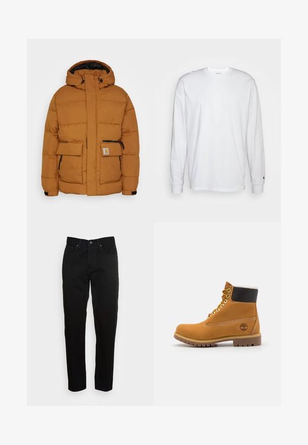 Doudoune marron avec capuche, fermeture éclair, deux poches avant, accents de fermeture éclair noirs et une étiquette de logo sur la poche gauche. Texture lisse.; T-shirt blanc à manches longues en coton. Design à col rond avec des poignets côtelés et un petit logo sur la manche gauche. Texture lisse.; Jean slim noir avec fermeture à bouton à l'avant et design à cinq poches, présenté sur un fond gris clair uni.; Bottine en cuir brun avec œillets en métal, doublure en fourrure blanche, col rembourré noir, semelle robuste et logo en relief sur le côté.