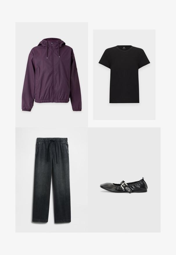 Lila Kapuzenjacke mit Frontreißverschluss, Kordelzugkapuze, elastischen Bündchen und elastischem Saum, dargestellt vor weißem Hintergrund.; Schwarzes kurzärmliges Baumwoll-T-Shirt mit Rundhalsausschnitt, Vorderansicht, schlichtes Design, GAP-Markenetikett im Kragen.; Schwarze Jeanshose mit einem elastischen Bund und Kordelzug, weitem Bein und dezentem Used-Effekt. Mit zwei Seitentaschen.; Schwarze Leder-Ballerinas mit spitzem Zehenbereich, gerafften Details am Schaft und einem silbernen Schnallenakzent am verstellbaren Riemen.