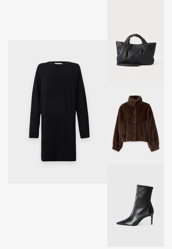 Hnedá krátka bunda z umelej kožušiny s vysokým golierom, zapínaním na patentky vpredu, dlhými rukávmi a elastickými manžetami a lemom.; CLOSED CREW NECK MINI DRESS - Svetríkové šaty - black; Čierne kotníkové topánky vyrobené z hladkej kože, s špicatou špičkou, priliehavým zvrškom aúzkym vysokým podpätkom. Minimalistický dizajn bez viditeľného kovania.; Čierna mäkká kožená kabelka s krátkymi rúčkami, odnímateľným popruhom a prešitým logom vpredu, na jednoliatom svetlom pozadí.