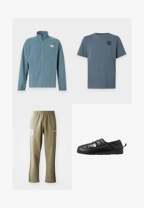 Fleecejakke i dæmpet teal med lynlås foran, høj krave og det hvide logo på venstre bryst. Har lange ærmer og en blød tekstur.; Herre-T-shirt med korte ærmer i afdæmpet blå bomuld, med en sort logopatch på venstre bryst og rund hals.; Olivenfarvede sweatpants med elastisk talje, sidelommer, sorte striber på siden og et logo-patch på låret.; Sort slip-on sko med et quiltet design, lavet af polstret materiale. Har en struktureret gummisål og et lille trækstrop bagpå.