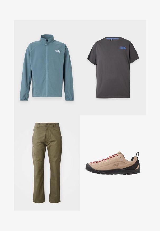 Veste en polaire bleu sarcelle doux avec une fermeture éclair à l'avant, un col haut et le logo blanc sur le côté gauche de la poitrine. Comprend des manches longues et une texture douce.; T-shirt gris foncé à manches courtes et col rond avec petit logo bleu The North Face sur la partie supérieure gauche de la poitrine sur fond blanc.; Pantalons cargo kaki en coton durable, dotés de poches latérales, de jambes droites et d'une fermeture éclair avec un bouton.; Baskets basses en suede beige avec des lacets rouges, semelle en caoutchouc noir et accents en mesh près du talon pour la respirabilité et le confort.