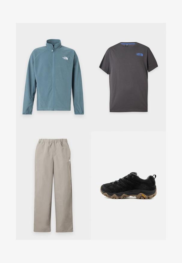 Veste en polaire bleu sarcelle doux avec une fermeture éclair à l'avant, un col haut et le logo blanc sur le côté gauche de la poitrine. Comprend des manches longues et une texture douce.; T-shirt gris foncé à manches courtes et col rond avec petit logo bleu The North Face sur la partie supérieure gauche de la poitrine sur fond blanc.; Pantalon beige à jambe droite avec une ceinture élastique et un petit logo blanc sur la couture latérale droite.; Chaussure de randonnée noire avec semelle Vibram marron robuste, dessus en mesh et en daim, design à lacets et languette arrière, vue de côté extérieur.