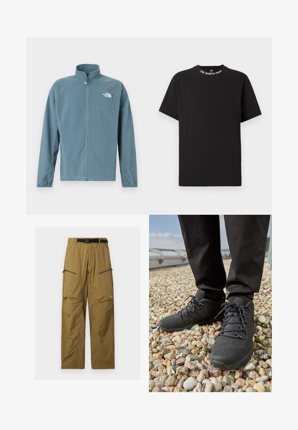 Veste en polaire bleu sarcelle doux avec une fermeture éclair à l'avant, un col haut et le logo blanc sur le côté gauche de la poitrine. Comprend des manches longues et une texture douce.; T-shirt noir à manches courtes avec col rond affichant le texte "THE NORTH FACE" imprimé autour du col.; Pantalon de plein air kaki avec ceinture noire réglable, deux poches zippées sur les cuisses et coutures au niveau des genoux, présenté sur un fond uni.; Chaussures de randonnée noires en cuir texturé, avec des lacets robustes et un col de cheville rembourré, portées avec un pantalon sombre sur une surface de gravier.