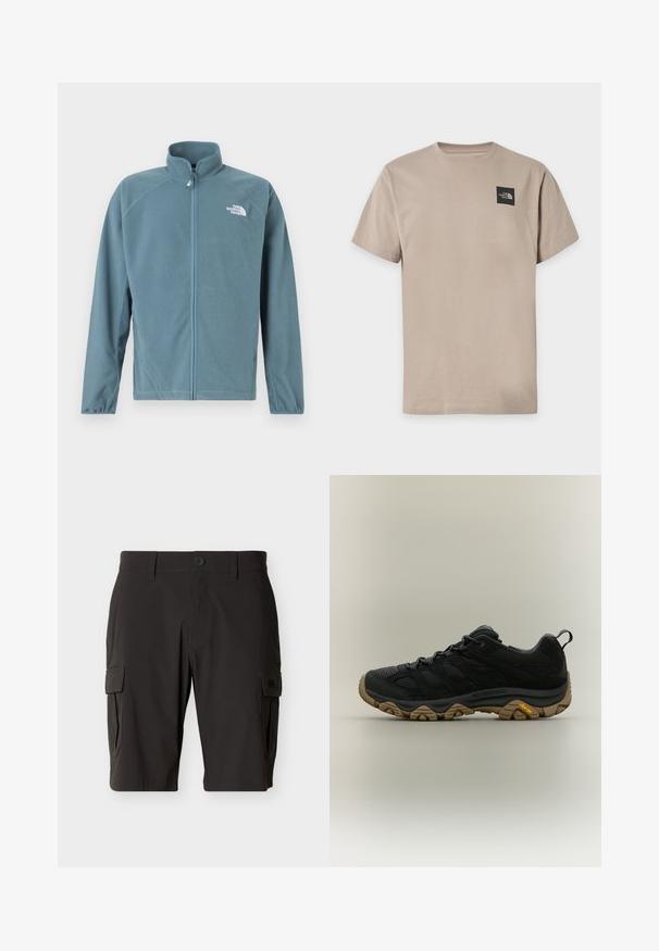 Veste en polaire bleu sarcelle doux avec une fermeture éclair à l'avant, un col haut et le logo blanc sur le côté gauche de la poitrine. Comprend des manches longues et une texture douce.; T-shirt beige à manches courtes avec col rond et petit logo noir The North Face sur la partie supérieure gauche de la poitrine.; Shorts cargo noirs longueur genou avec fermeture à bouton, passants de ceinture et poches latérales à rabat sur fond uni.; Chaussure de randonnée noire avec semelle Vibram marron texturée et languette au talon, présentée de profil sur fond neutre.