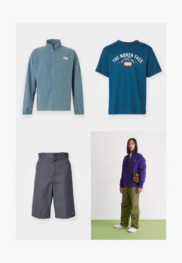 Fleecejakke i dæmpet teal med lynlås foran, høj krave og det hvide logo på venstre bryst. Har lange ærmer og en blød tekstur.; The North Face M VARSITY GRAPHIC RELAXED SS TEE - T-shirts print - midnight petrol; Grå shorts lavet af slidstærkt stof, med lige snit, to sidelommer og et lille logo på baglommen.; Jordan AIR JORDAN 1 ZM CMFT 2 - Sneakers high - summit white/bicoastal/oxidized green
