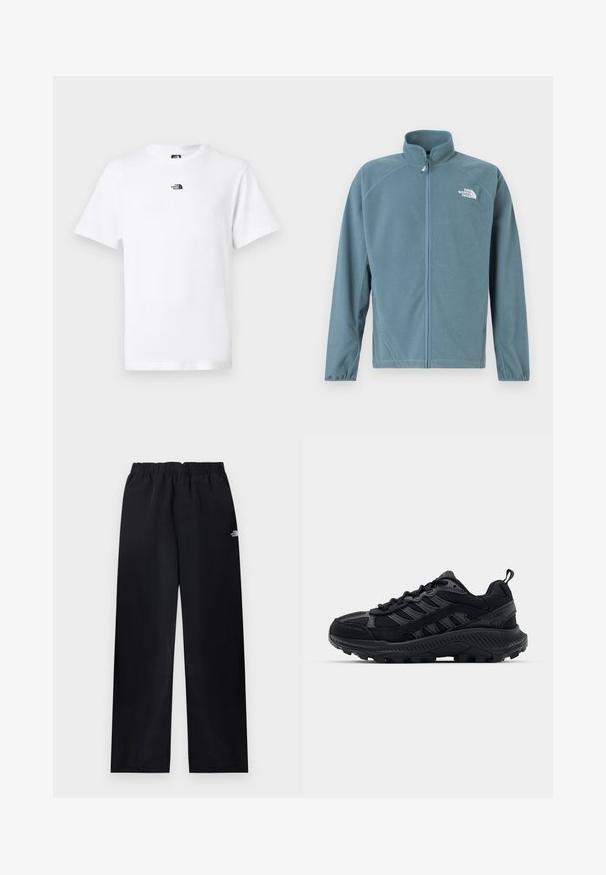 Fleece jacket in muted teal with a zip front, high collar, and the white logo on the left chest. Features long sleeves and a soft texture.; White short-sleeve crewneck t-shirt with small black The North Face logo centered near the collar on the front.; Black elastic-waist straight-leg pants with small white logo on upper right thigh, displayed flat on light background.; Black athletic shoes with a textured mesh and suede upper, reinforced toe, and rugged outsole. Features lace-up design and pull tab.