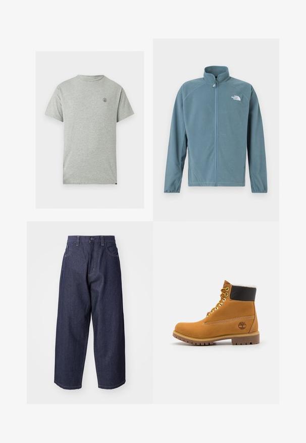Veste en polaire bleu sarcelle doux avec une fermeture éclair à l'avant, un col haut et le logo blanc sur le côté gauche de la poitrine. Comprend des manches longues et une texture douce.; T-shirt gris à manches courtes en coton, avec un col rond et un petit logo noir sur le côté gauche de la poitrine. Design simple.; Jean en denim bleu foncé avec une coupe ample et des jambes larges. Comprend une fermeture à bouton, des poches avant et des accents de couture visibles.; Bottine en cuir brun avec œillets en métal, doublure en fourrure blanche, col rembourré noir, semelle robuste et logo en relief sur le côté.