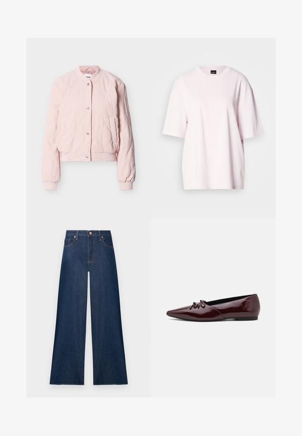 Veste bomber matelassée rose clair avec boutons-pression, col et poignets côtelés, et deux poches avant, posée à plat sur fond blanc.; T-shirt en coton rose clair à manches courtes, col rond, et coupe décontractée. Texture lisse avec des coutures minimales et sans motifs.; Jean denim bleu foncé à jambes larges avec boutons avant et poches, présenté sur un fond clair uni.; Ballerines en cuir laqué bordeaux avec un bout pointu et un nœud décoratif à l'avant. Texture lisse avec un petit talon plat.