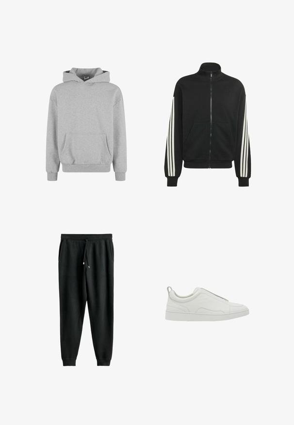 Schwarze Trainingsjacke mit durchgehendem Reißverschluss und hohem Kragen, weißes Drei-Streifen-Design an den Ärmeln und Kängurutasche vorne.; Grauer Kapuzenpullover mit langen Ärmeln und Fronttasche. Hergestellt aus weichem Stoff mit gerippten Bündchen und Saum. Minimalistisches Design und vielseitiger Stil.; Schwarze Sweathosen mit einem Zugband am Bund, Seitentaschen, schmal zulaufenden Beinen und gerippten Bündchen. Hergestellt aus weichem Stoff mit glatter Textur.; Weißer Sneaker in Low-Top-Design mit Schlupfform, gepolstertem Kragen und Zuglasche an der Ferse, ausgestattet mit einer dicken Gummisohle und glattem Lederobermaterial.