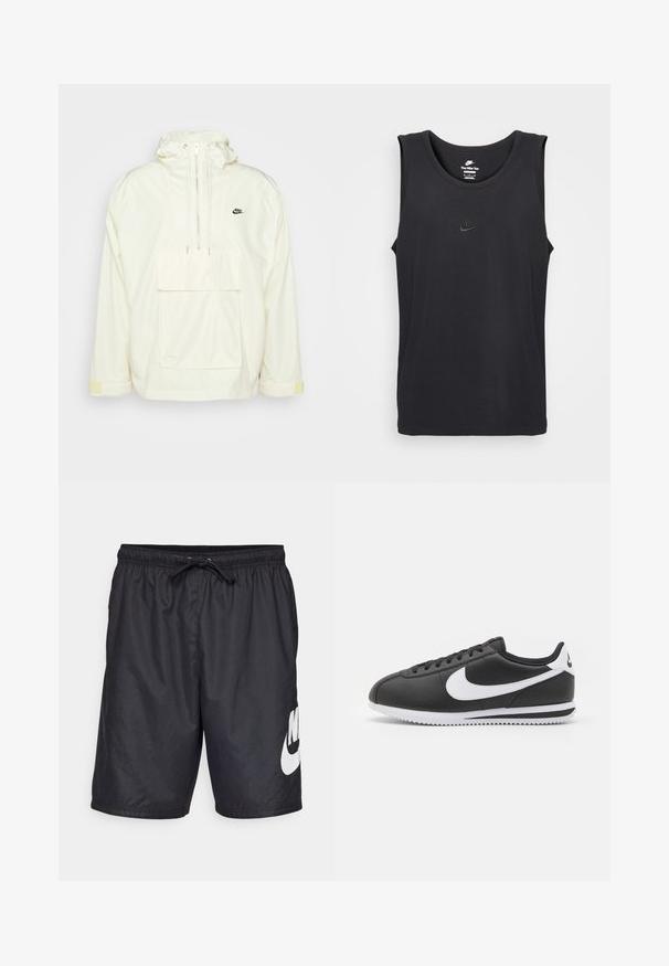 Anorak blanco de nylon con capucha, bolsillo frontal, cordones ajustables y acentos amarillos en los puños; presenta un pequeño logo negro.; Tank top sin mangas de Nike en color negro, hecho de algodón, con un cuello redondo y un pequeño logo en relieve en el pecho. Tejido de textura suave.; Bañador negro hecho de material ligero, con cintura elástica y cordón ajustable, y un gran logo blanco de Nike en la pierna izquierda.; Zapatilla de cuero negro con un swoosh y acentos en blanco. Presenta una punta redondeada, cierre con cordones y una suela de goma blanca texturizada.