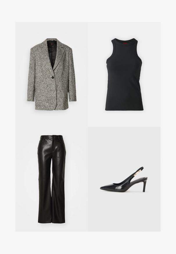Textureret sort-hvid houndstooth blazer med notch lapel, en enkelt sort knap og et quiltet sort for. Lange ærmer, afslappet pasform.; Sort ærmeløs tanktop lavet af strækbart stof. Har en rund hals og en tætsiddende silhuet med minimale syninger.; Sorte bukser i bredt snit af imiteret læder med en glat tekstur, lynlås foran og bæltestropper; minimalistisk design uden synlige mønstre eller detaljer.; Sort læder slingback højhælede sko med spidse tæer, glat overflade og en smal ankelrem med guldfarvede hardware detaljer.