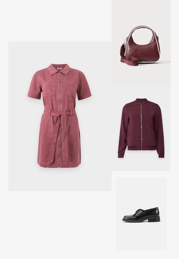 Veste bomber bordeaux à fermeture éclair, col rond et poignets côtelés. Fabriquée dans un tissu lisse avec un design simple et classique.; Robe en jean rose poussiéreuse à manches courtes, avec fermeture éclair frontale, deux poches poitrine, col et ceinture en tissu assorti nouée à la taille.; Chaussure habillée en cuir noir avec une texture lisse, bout rond, laçage à deux œillets et un talon carré solide. Design simple sans motifs.; Sac à main en cuir tressé marron foncé avec poignée courbée, garniture blanche, fermeture éclair argentée et bandoulière large en tissu amovible sur fond uni.