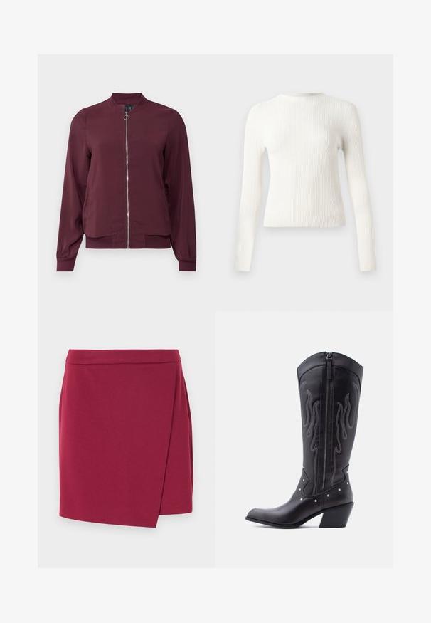 Veste bomber bordeaux à fermeture éclair, col rond et poignets côtelés. Fabriquée dans un tissu lisse avec un design simple et classique.; Pull à col rond à manches longues en maille côtelée blanche avec une coupe ajustée et un ourlet droit, présenté sur un fond uni.; Jupe portefeuille en bordeaux profond, confectionnée dans un tissu doux. Elle présente une ceinture lisse et un ourlet asymétrique pour une silhouette fluide.; Bottes de cow-boy en cuir noir avec bout pointu, coutures apparentes, ornements à clous argentés et fermeture éclair sur le côté intérieur.