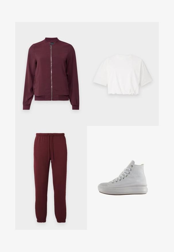 Chaqueta bomber burdeos con cremallera frontal, cuello redondo y puños de canalé. Fabricada con una tela suave y un diseño sencillo y clásico.; Camiseta blanca corta con mangas cortas abullonadas, cuello redondo y dobladillo inferior fruncido, fabricada en suave tela de algodón.; Pantalones de chándal burdeos con cintura elástica, cordón, bolsillos laterales y puños elásticos sobre un fondo blanco liso.; Zapatilla de lona blanca de caña alta con cordones blancos, ojales metálicos, suela gruesa de goma y puntera texturizada, mirando hacia la izquierda sobre un fondo blanco.