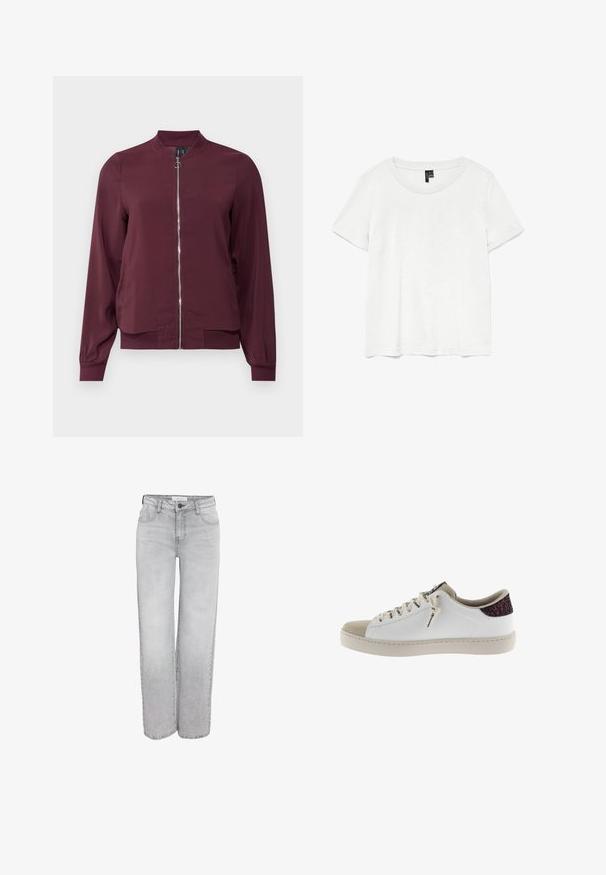 Chaqueta bomber burdeos con cremallera frontal, cuello redondo y puños de canalé. Fabricada con una tela suave y un diseño sencillo y clásico.; Camiseta blanca de manga corta con un cuello redondo, hecha de tejido ligero. Diseño simple, textura suave y dobladillo recto.; Jeans rectos de color gris claro con bolsillos frontales, pasadores para cinturón y cierre de botón, exhibidos sobre un fondo blanco.; Zapatilla blanca con una puntera de ante gris y un acento de talón burdeos brillante. Presenta cordones planos y un diseño minimalista.