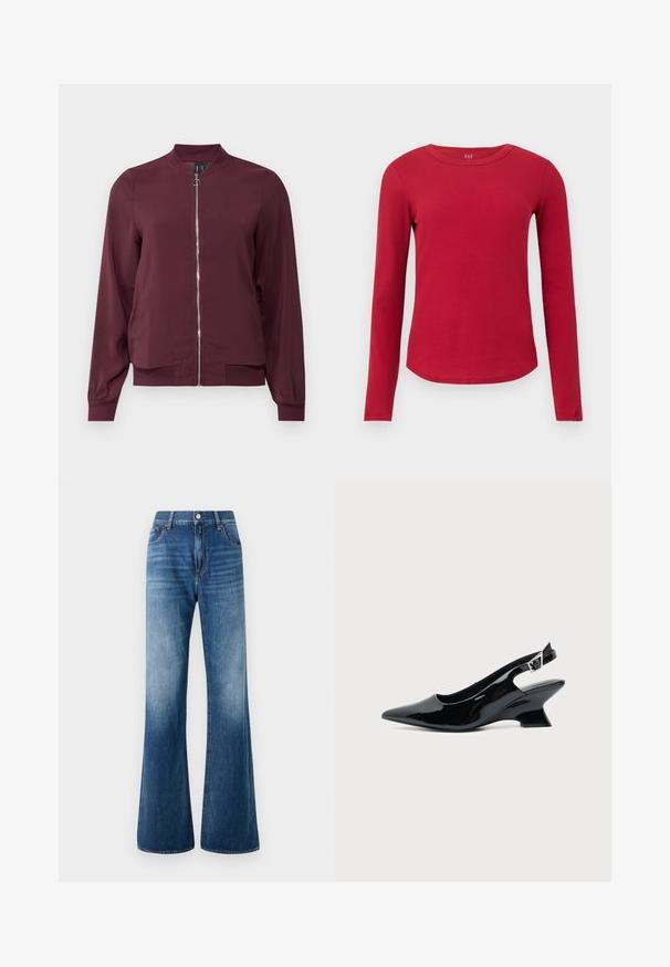 Veste bomber bordeaux à fermeture éclair, col rond et poignets côtelés. Fabriquée dans un tissu lisse avec un design simple et classique.; Haut rouge en maille côtelée à manches longues, col rond, ourlet incurvé, silhouette ajustée et étiquette GAP à l'intérieur du col.; Jean's bleu évasés avec un délavage usé, design à cinq poches, passants de ceinture et fermeture à bouton à l'avant. Texture lisse et coupe classique.; Chaussure slingback en cuir verni noir avec bout pointu et petit talon bloc incliné sur fond clair uni.
