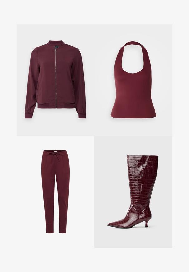 Veste bomber bordeaux à fermeture éclair, col rond et poignets côtelés. Fabriquée dans un tissu lisse avec un design simple et classique.; Haut en bourgogne à encolure dégagée, fabriqué en tissu lisse, présentant une silhouette cintrée et de larges bretelles à l'arrière.; Pantalon bordeaux en tissu doux et extensible, avec une taille élastique à cordon de serrage, des plis à l'avant et des jambes fuselées. Texture lisse sur l'ensemble.; Bottes hauteur genou en cuir verni bordeaux à texture crocodile, bout pointu et talon bloc bas, présentant un design élégant et ajusté.