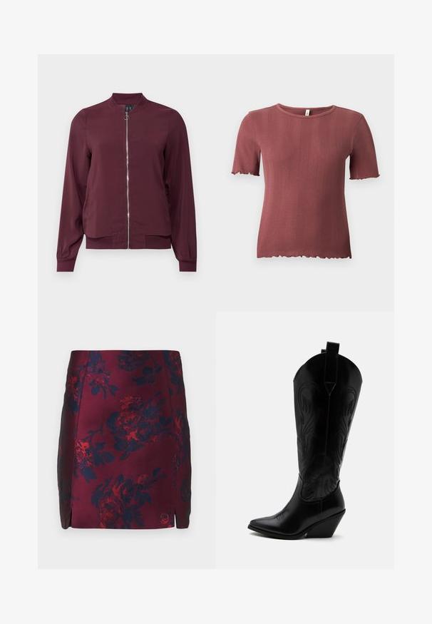 Veste bomber bordeaux à fermeture éclair, col rond et poignets côtelés. Fabriquée dans un tissu lisse avec un design simple et classique.; Haut à manches courtes en tricot côtelé couleur rose poussiéreux, à col rond et bordure subtile ondulée aux manches et à l'ourlet.; Jupe à motif floral bourgogne avec des accents bleu marine, fabriquée en tissu lisse. Présente des fentes latérales et un motif floral texturé sur l'ensemble.; Botte de cowboy en cuir noir avec bout pointu, talon bloc incliné, couture décorative et languettes en haut sur fond blanc.