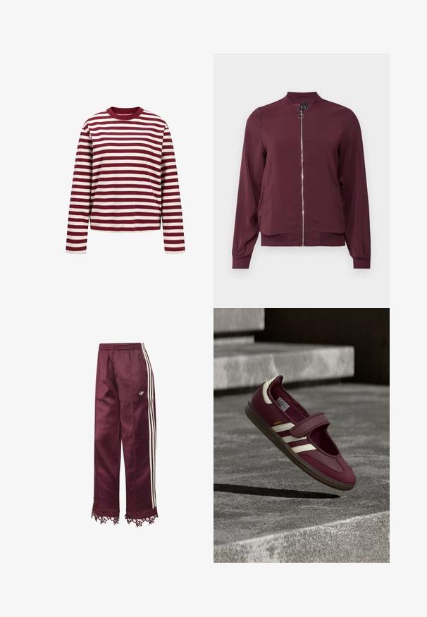 Bordeaux bomberjack met een rits aan de voorkant, ronde halslijn en geribde manchetten. Gemaakt van gladde stof met een eenvoudig, klassiek ontwerp.; JJXX JXSOPHIA BOXY - Longsleeve - Purple; Wijnrode satijnen trainingsbroek met witte zijstrepen, elastische taille, zakken met rits en kanten afwerking bij de zoom.; Donkerrode sportschoen met een klittenbandsluiting, witte zijstrepen, een gestructureerde rubberen zool en een glad bovenmateriaal. Verstelbare pasvorm met een gevoerde binnenkant.