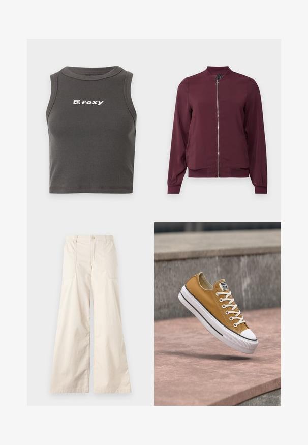 Veste bomber bordeaux à fermeture éclair, col rond et poignets côtelés. Fabriquée dans un tissu lisse avec un design simple et classique.; Top court à col rond en ribbed gris, sans manches. Présente le logo "roxy" en blanc à l'avant.; Pantalons larges beiges avec fermeture à bouton, taille élastique et deux poches latérales. Tissu en coton lisse avec une texture douce.; Baskets Converse jaune basses avec lacets blancs et semelle blanche flottant au-dessus de marches en béton roses en plein air.
