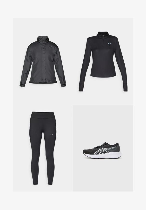 Sort vindjakke med høj krave, fuld lynlås foran og Nike-logo på brystet; lavet af glat, let vævning.; Sort langærmet pullover skjorte med høj krave, kvart lynlås og subtilt lyseblåt logo på brystet. Fremstillet af struktureret, åndbart stof.; ASICS CORE WINTER - Vinter-tights - performance black; Sorte atletiske sko med en tekstureret mesh-overdel, hvide accenter og en polstret hvid sål. Har et logo på siden og snørebånd.